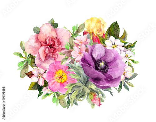 Floral bouquet - watercolor flowers. Beautiful vintage pattern