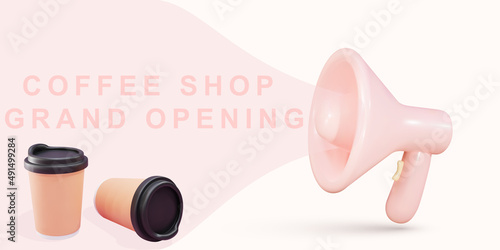 Realistic megaphone. Announcement for coffee shop grand opening. Vector illustration.