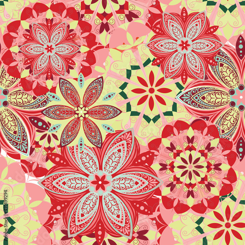 Mandala. Seamless pattern with stylized decorative flowers. Vector image. 