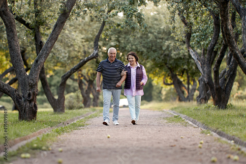 An elderly happy couple walks in an apple orchard. Husband and wife walk arm in arm along the garden alley