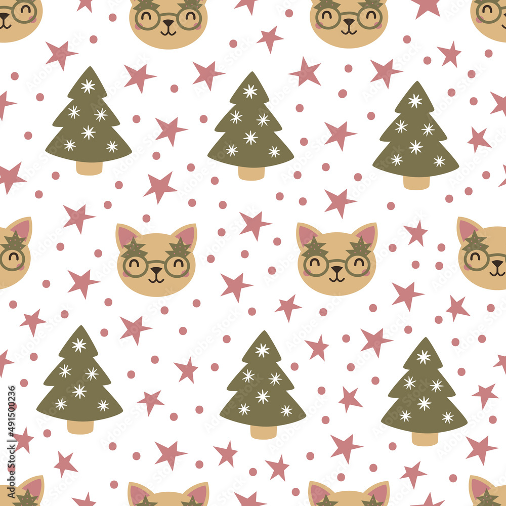 Christmas vector pattern with cats. Hand drawn winter seamless background Christmas vector pattern with cats. Hand drawn winter seamless background