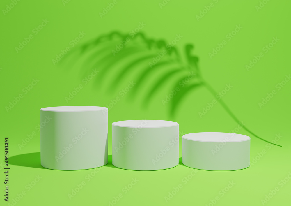 Bright, neon green 3D render of a simple, minimal product display composition backdrop with three podiums or stands and palm leaf shadows in the background for nature products Bright, neon green 3D render of a simple, minimal product display composition backdrop with three podiums or stands and palm leaf shadows in the background for nature products