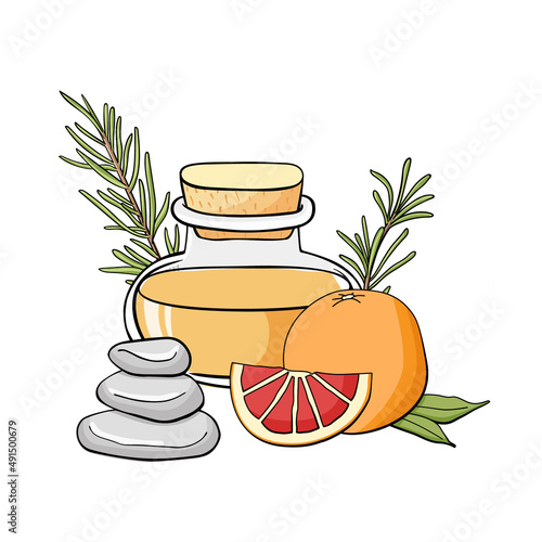 Composition with aromatherapy accessories with essential oil. Glass bottle, lemon, spa stones and grapefruit. Good for spa, beauty salon, cosmetics designs. Vector illustration on white background