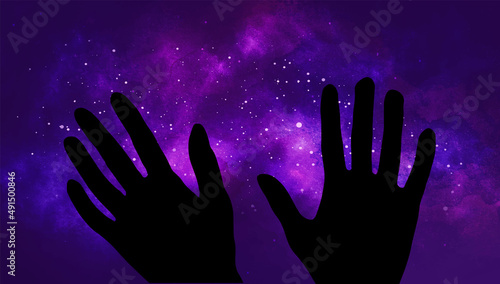 Universe illustration. Stars, deep space with hands. Violet fantasy background
