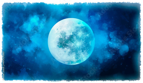 Abstract watercolor night sky with full moon illustration
