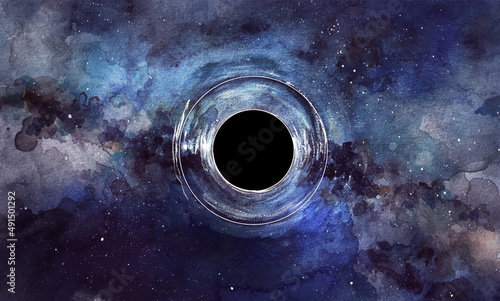 Black hole watercolor illustration. Space galaxy background