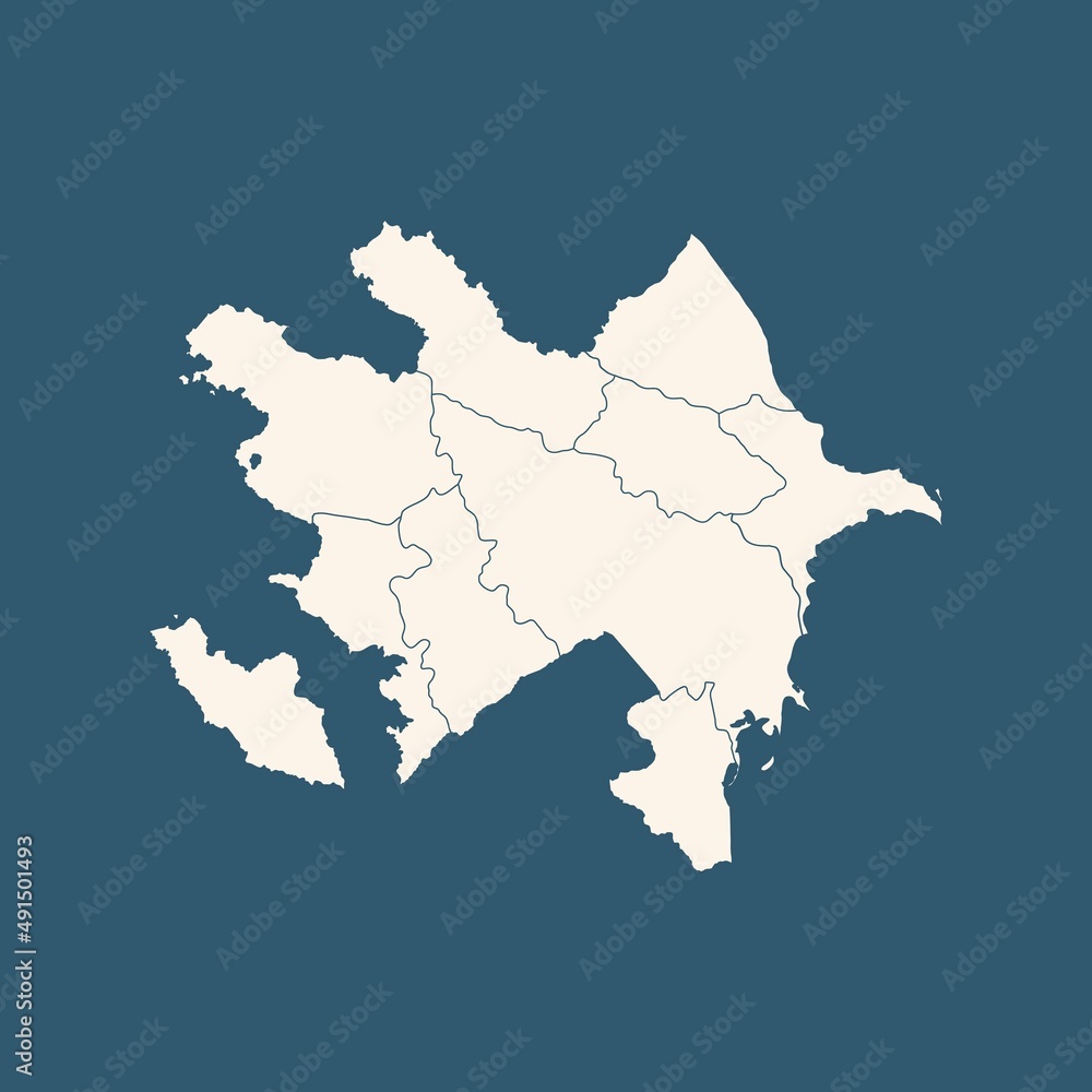 Azerbaijan map with landmarks of the regions isolated on blue. Flat illustrated