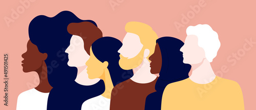 People of different nationalities, gender and age standing together as a symbol of friendship and tolerance. No discrimination and racism concept. Symbol of peace and freedom. Vector illustration