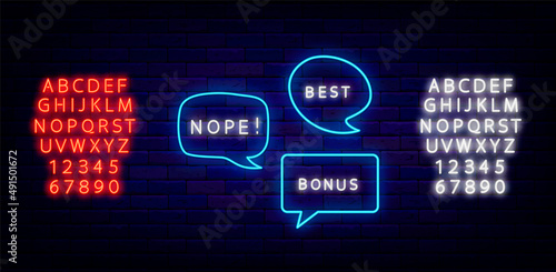 Speech bubbles neon sign collection. Best, nope shiny text. Glowing blue and red alphabet. Vector illustration