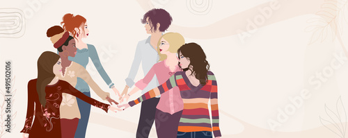 Empowerment. Group of multicultural women with outstretched arm and hand as a sign of self-confidence and self-awareness. Female social network community. Racial equality. Allyship.Banner