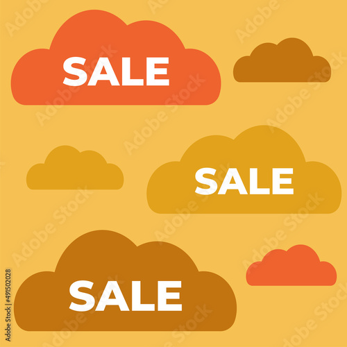 Multicolored cards in the form of clouds with the inscription SALE on a yellow background, a sales concept for different stores.