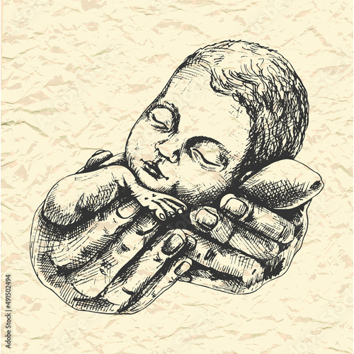 120_newborn baby in big hands_newborn in big hands, man, woman, doctor holding baby, graphic drawing, sketch with hands, birth, head of a sleeping child, old paper,