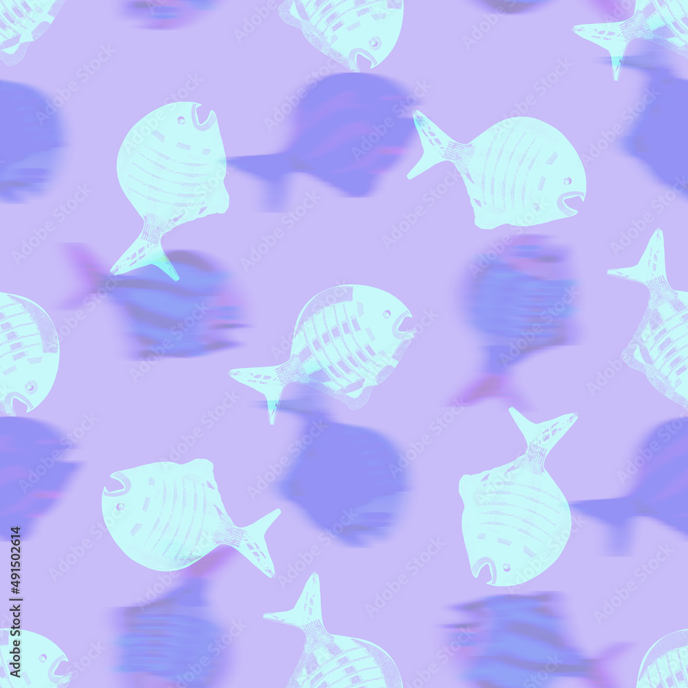 Ultraviolet iridescent fish pattern background. Modern digital lavender peri purple under the sea fishes texture. Tropical calm coastal wellness all over print. Ultraviolet iridescent fish pattern background. Modern digital lavender peri purple under the sea fishes texture. Tropical calm coastal wellness all over print.