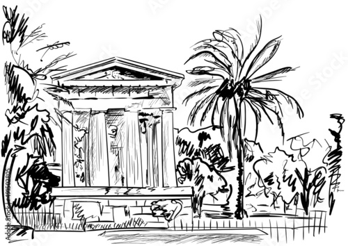  hand drawn illustration of a tree and old building