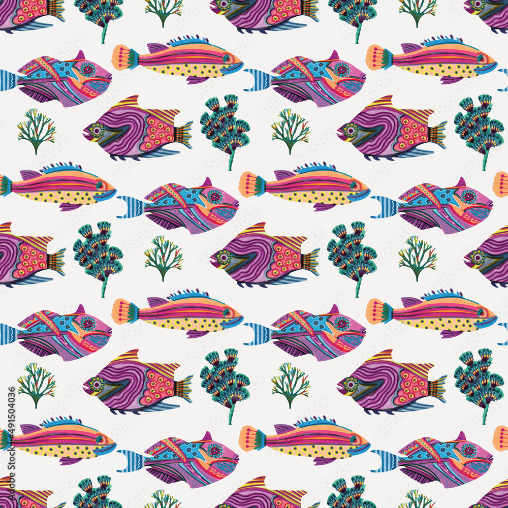 Colorful cute under the sea swimming tropical fishes. Childish screen print effect. Playful summer beach vacation kid illustration background. Whimsical scandi fish riso block print seamless design. Colorful cute under the sea swimming tropical fishes. Childish screen print effect. Playful summer beach vacation kid illustration background. Whimsical scandi fish riso block print seamless design.