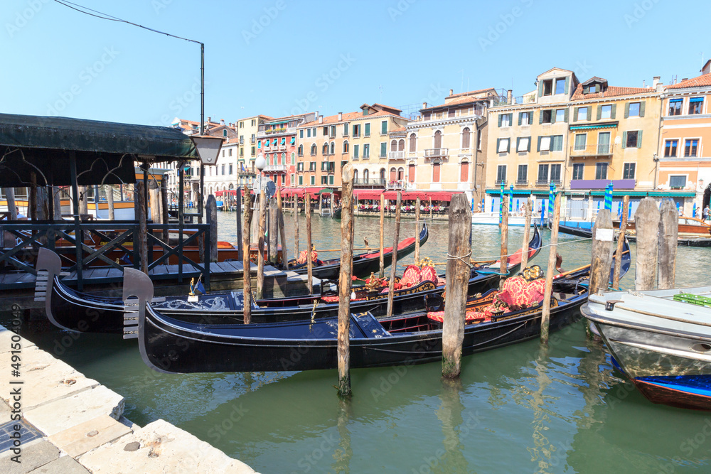 Gondolas mooring at Grand Canal in Venice, Italy