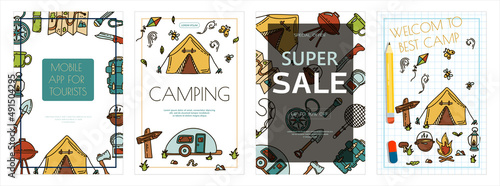 Doodle vector camping bannersset. Sketch hiking Icons.Hand draw illustration for summer picnic in nature. Camping equipment