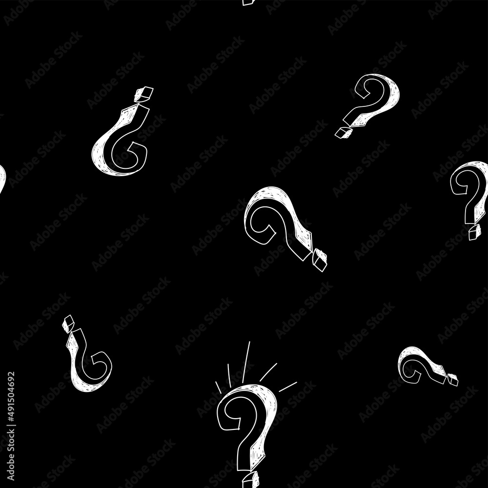 Obraz premium Vector illustration. 3d question mark seamless pattern. Seamless vector pattern with hand-drawn question marks. Monochrome hipster background. Hand drawn black punctuation marks.