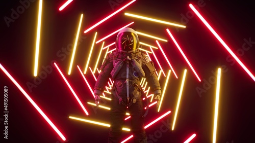 Astronaut in infinite red neon tunnel. Neon laser lights. Retrowave 3d render