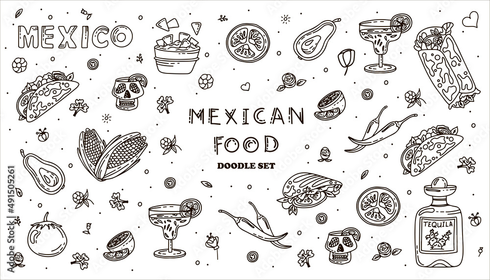 Mexican cuisine, vector doodle food set. National spicy food, fast food, snacks. Sketch illustration for restaurant, menu, cafe. Fiesta mexicana
