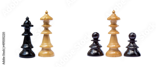  Old chess pieces isolated on white background