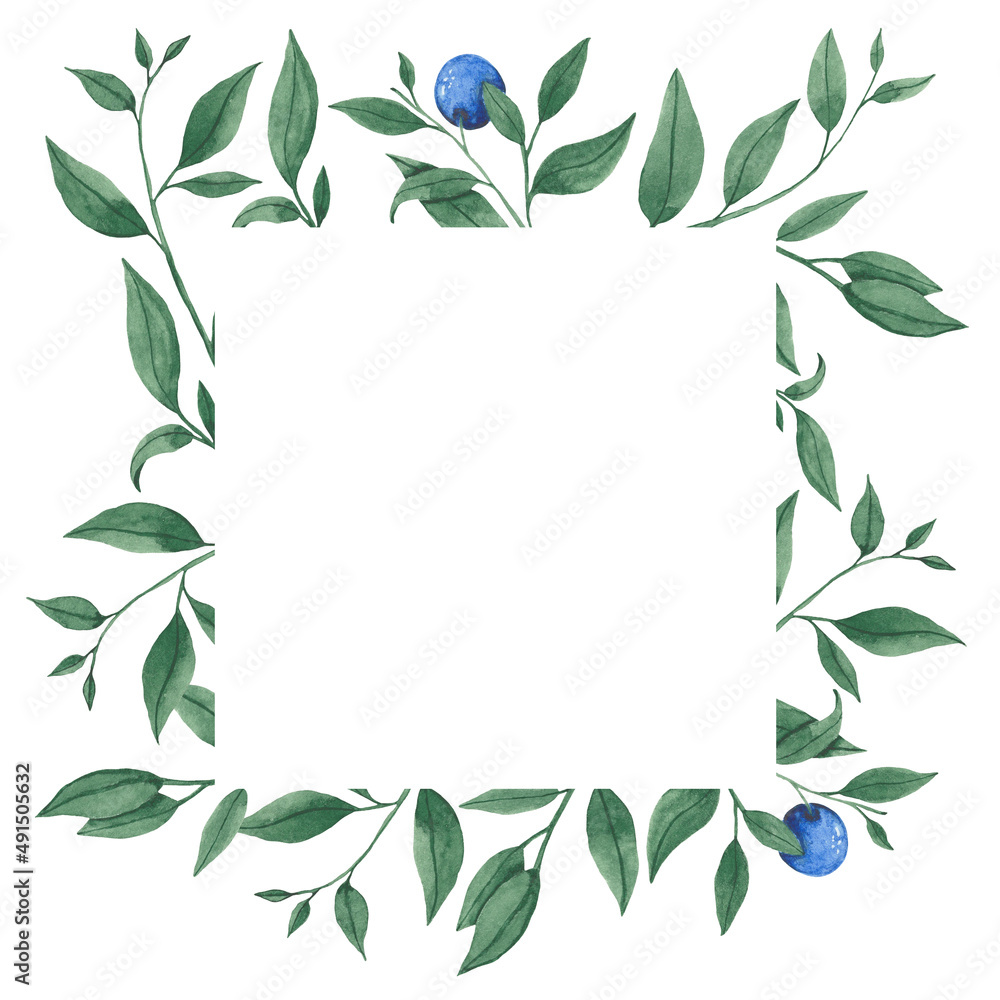 Watercolor frame of green branches with berries. Spring illustration for greeting cards, wedding invitations, quote and decorations. Watercolor frame of green branches with berries. Spring illustration for greeting cards, wedding invitations, quote and decorations.