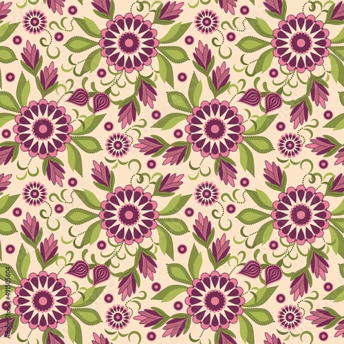 Seamless pattern with simple floral elements, buds, dahlia flowers, leaves, tendrils.
