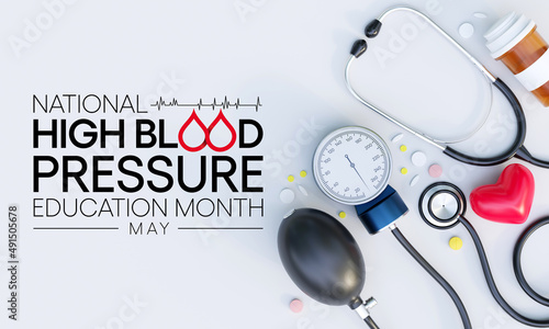 National High Blood pressure (HBP) education month is observed every year in May. it is also called hypertension. 3D Rendering