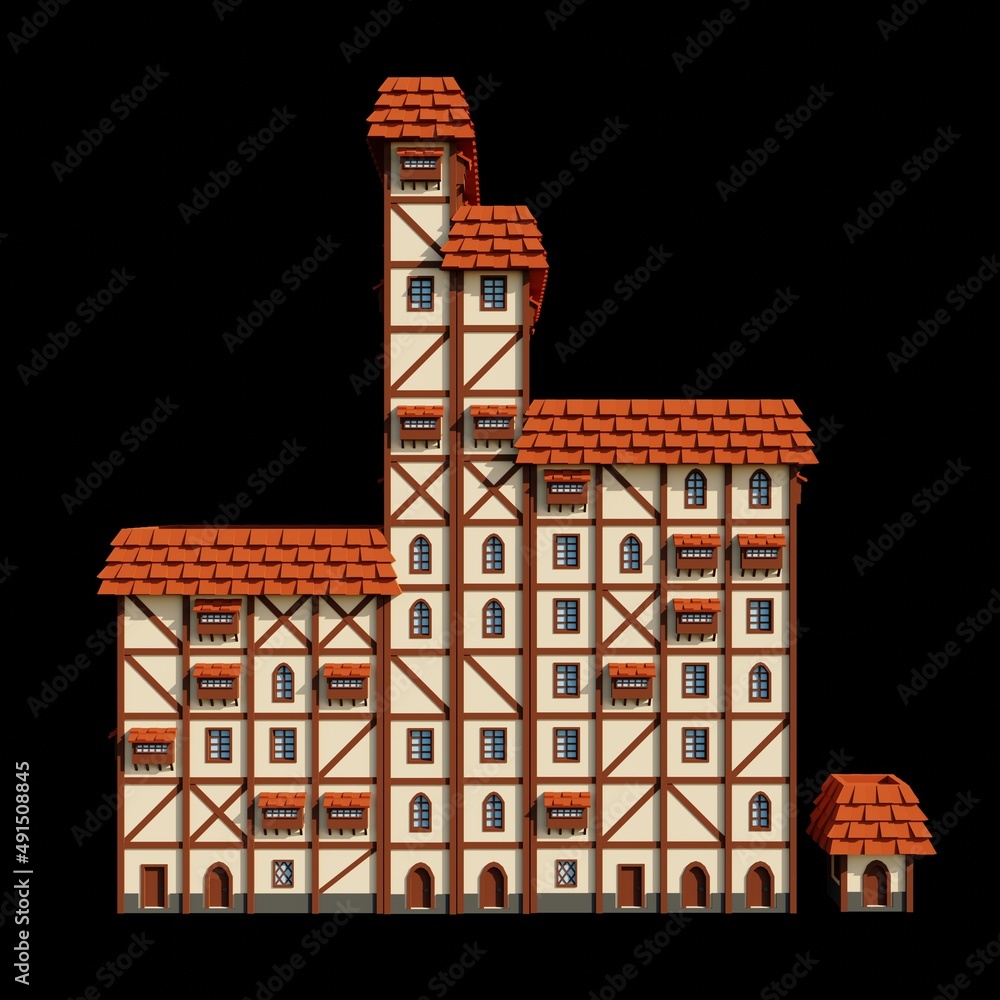Medieval orange roof 12-floor big building 3d rendering. Fantasy building illustration. Front architecture.