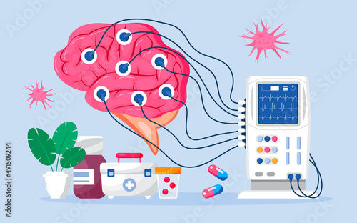 Neurologist concept vector for medicine blog, medical blog. Brain with EKG, encephalogram machine