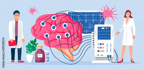 Neurologist concept vector for medicine blog, medical blog. Brain with EKG, encephalogram machine