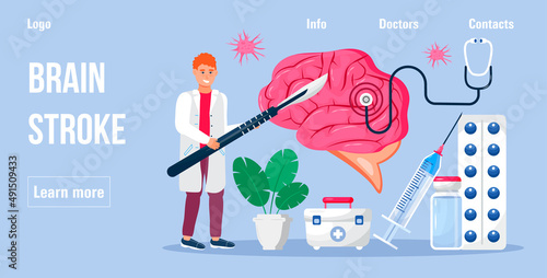 Neurologist concept vector for medicine blog, medical blog. Brain with EKG, encephalogram machine. Neuron under magnifying glass