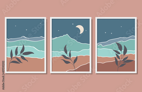 Landscape Poster Wall Art Set Abstract Boho Mountain moonlight Interior Artwork.