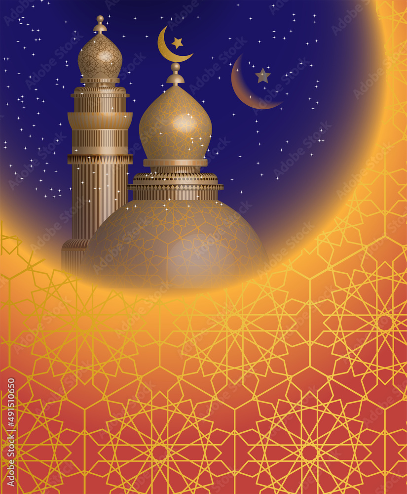 Islamic background design vector with Mosque, minaret and golden decoration Islamic background design vector with Mosque, minaret and golden decoration
