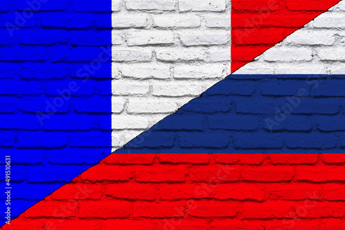 France flag. Russia flag. Conflict between France and Russia war concept. Russian flag and France flag background. Flag with brick wall texture. Horizontal design. Illustration. Map