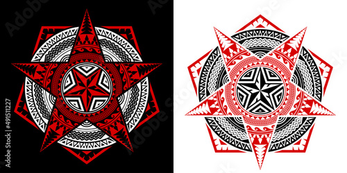 Applied thai art pattern mixed with polynesian art in mandala style. Geometric shapes, pentagon, pentagram and circle. Design texture elements for card, cover, poster, wall. Vector illustration.