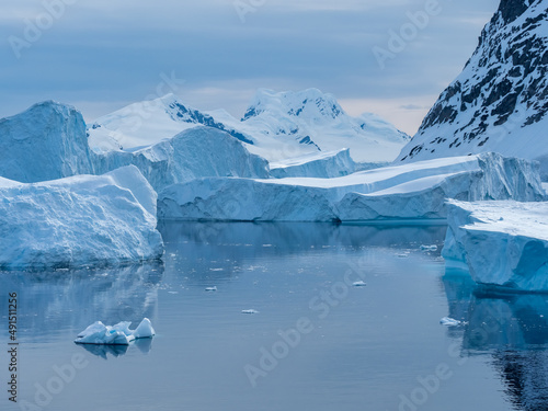 Crusing the Lemaire Channel among drifting icebergs, Antarctic Peninsula. Antarctica