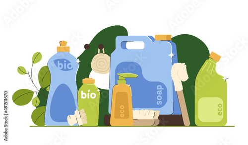 Flat eco friendly products for laundry washing and house cleaning. Natural organic household product, home cleaner detergents with plant based ingredients. Bottles and brushes for housekeeping service