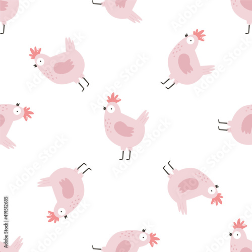 Seamless pattern with cute chickens, roosters for Easter holidays