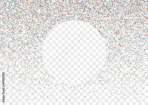 Colorful Confetti Background Transparent Vector. Geometric Anniversary Frame. Bright Congratulation. Multicolored Circle Ribbon. Round Top Design.