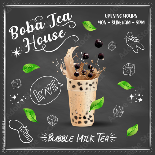 Bubble milk tea, Pearl milk tea , Different sorts of Boba. Yummy drinks. Ads with delicious tapioca.  Restaurant cafe menu, template design. Food flyer. Chalk board, retro menu restaurant poster. 