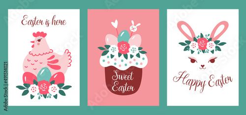 Easter card template with Easter bunny, chicken and cake. Vector cute animals