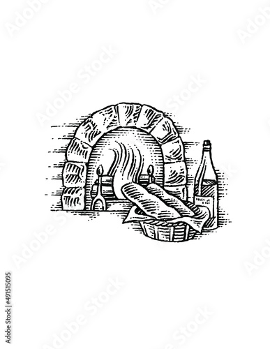 bread and wine with fireplace
