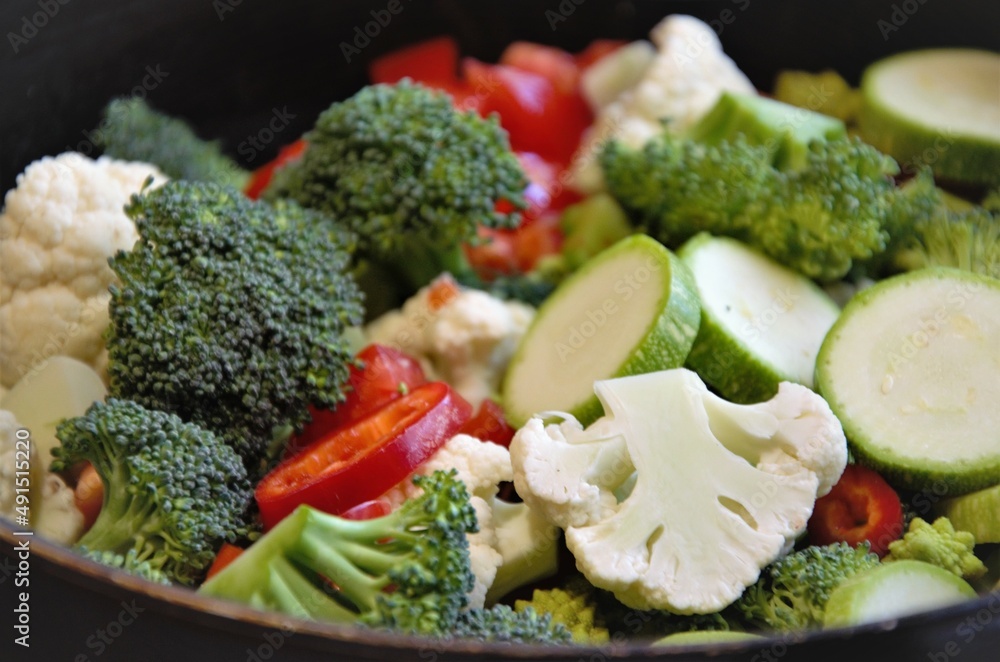 vegetables cut in a frying pan, cauliflower, broccoli, zucchini and tomato, preparation for frying vegetables cut in a frying pan, cauliflower, broccoli, zucchini and tomato, preparation for frying