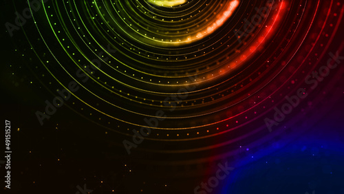 abstract sci-fi background with glow particles form curved lines, surfaces, hologram structures or virtual digital space. Motion design background with gradient color. Blue red green. Round structures