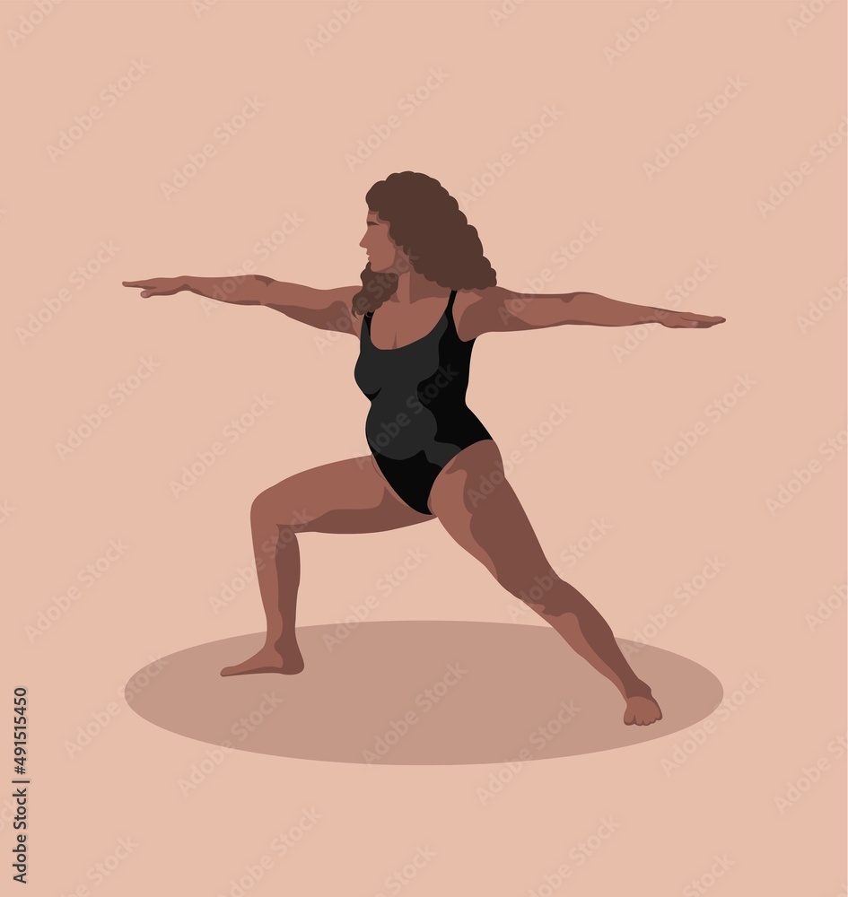 yogi woman in black swimsuit in warrior pose