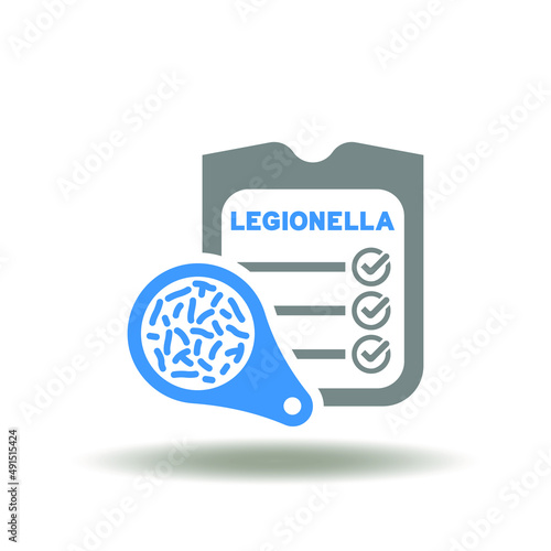 Vector illustration of checklist and magnifying glass with bacteria or viruses. Icon of legionella test. Symbol of laboratory research virus bacteria.