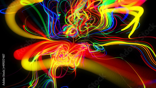 3d render. Abstract background flow of glow lines. Llights particles form in 3d space glowing beautiful curved lines like ball of wires burning with neon light. Beautiful creative background.