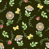 Botanical seamless pattern. Watercolor repeated chamomiles and insects.Summer meadow  floral background.  Hand draw Flowers prints 