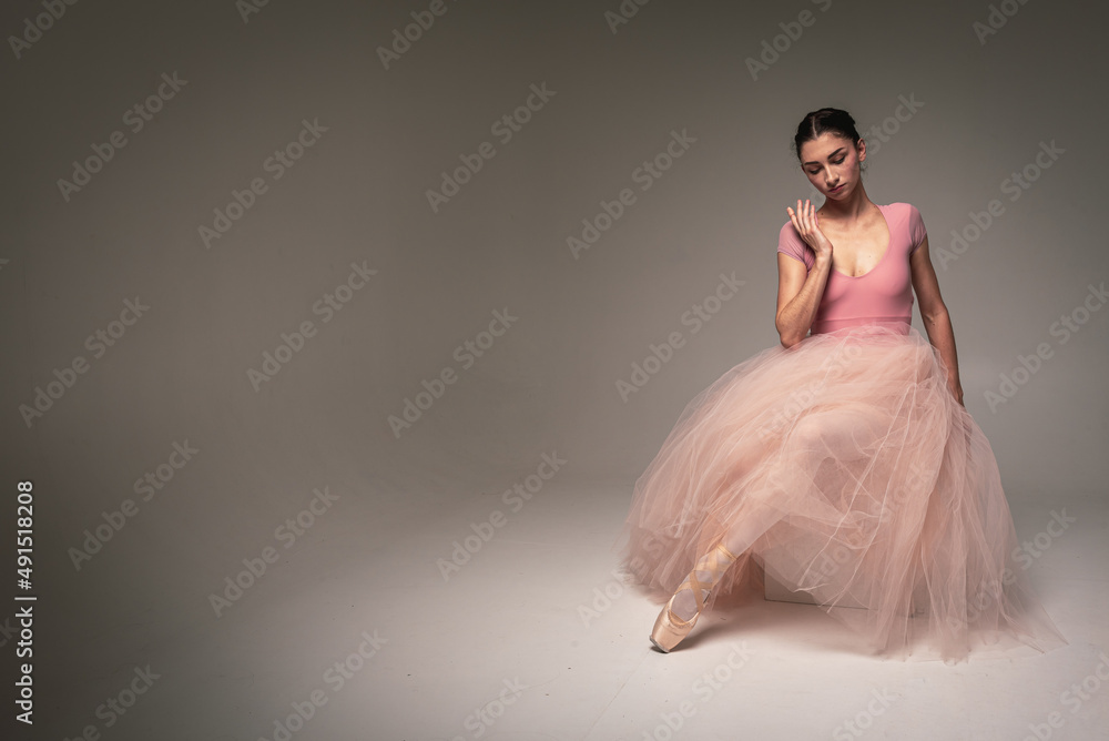 young pretty, fragile, beautiful ballerina dancing in a long pale pink dress with a tulle on a uniform background, hand movements, restrained tone. Ballet, dance, dancer. Place for inscription young pretty, fragile, beautiful ballerina dancing in a long pale pink dress with a tulle on a uniform background, hand movements, restrained tone. Ballet, dance, dancer. Place for inscription